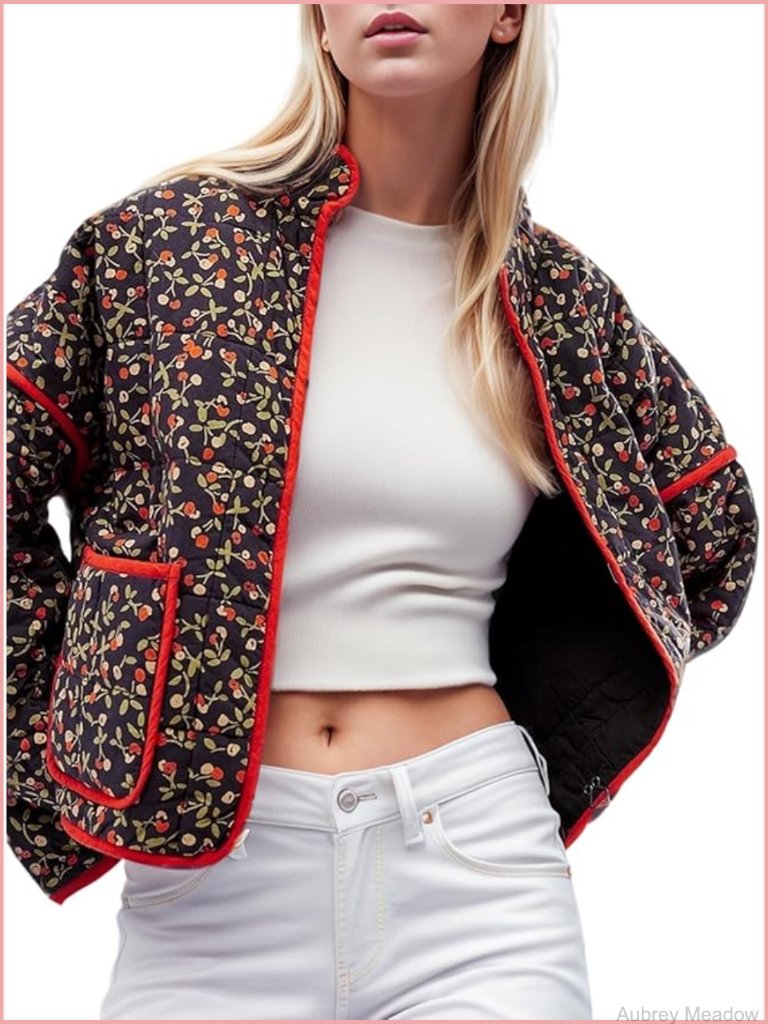 Cropped Quilted Puffer Jacket With Floral Pattern